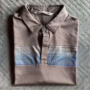 Travis Matthews Polo Shirt. Grey w/ Blue Stripes. Size X-Large.